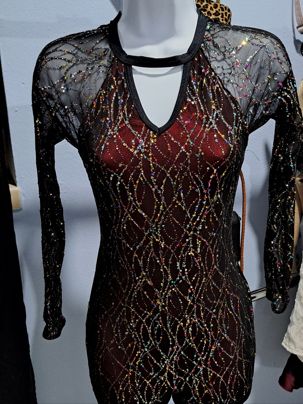 Sheer Black Mesh Dress with Multicolor Sequin Embellishment
